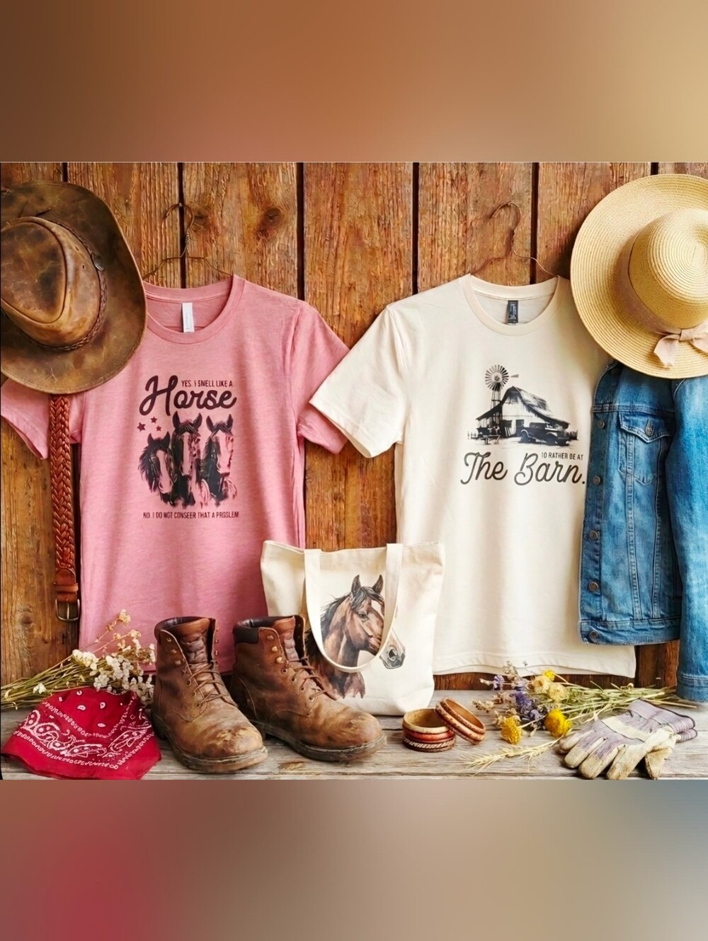 Horse Lover Graphic Tee Shirt Bundle Pink & Cream Country Western Barn Set